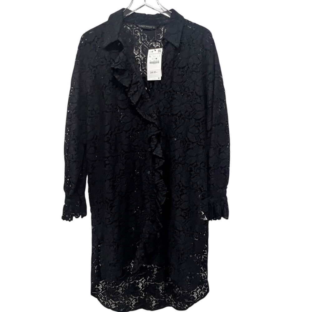 Zara Black Lace Dress‎ Black Fairy Grunge Witchy Feminine Size L NWT Ruffle 90s